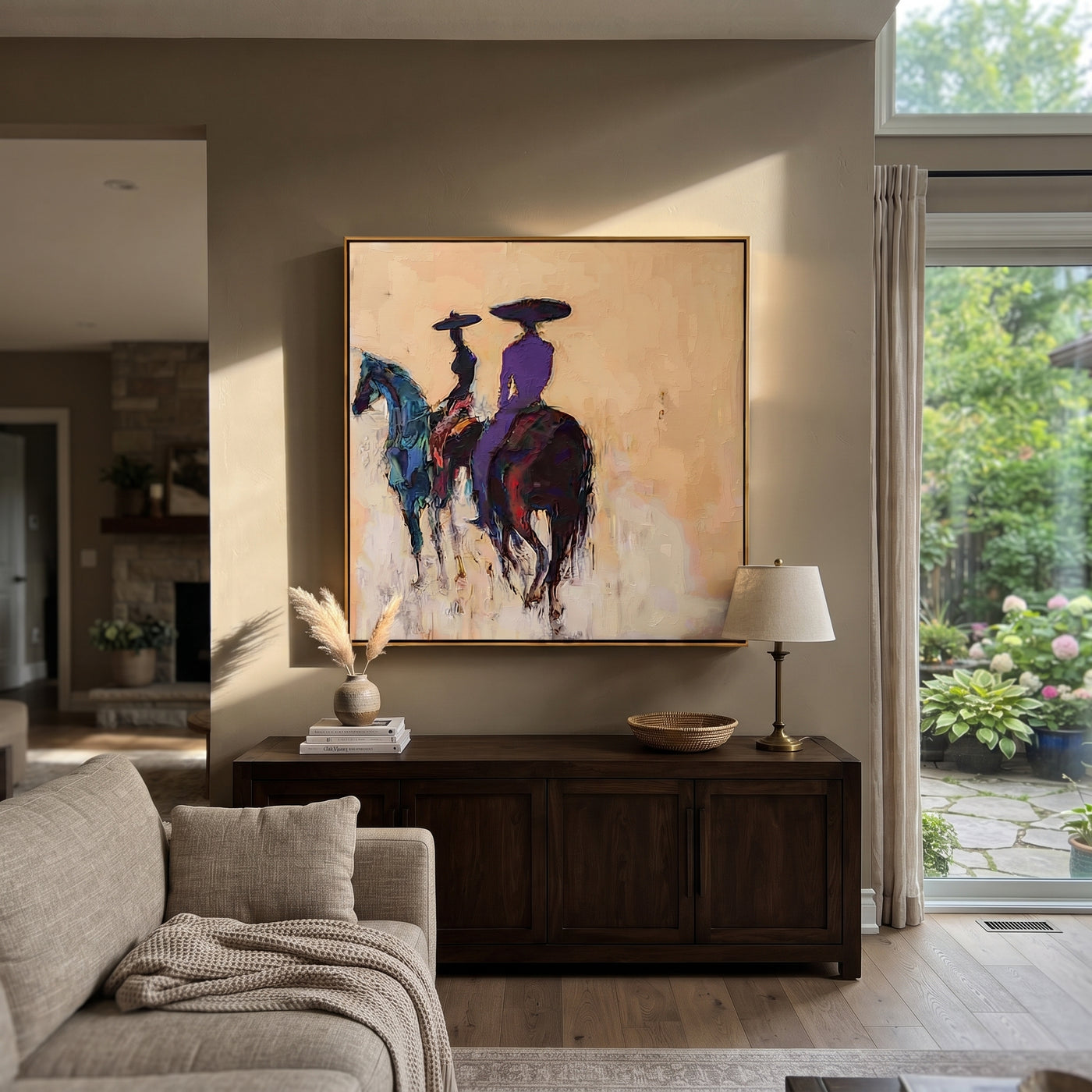 Blue Horses Leave Quietly - rear view horse riders painting by Ethan Mercer, contemporary Western square wall art – styled room scene view 3