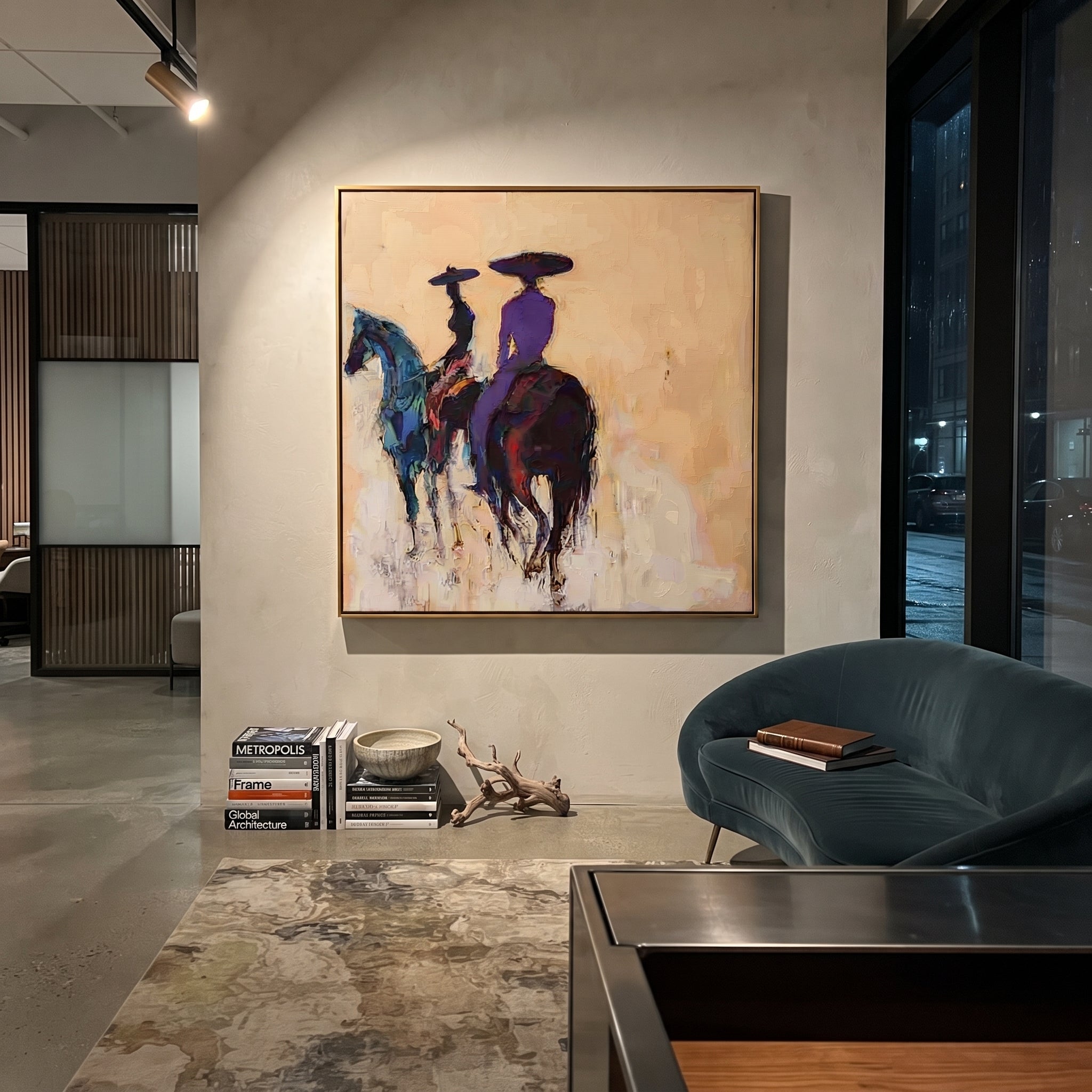 Blue Horses Leave Quietly - rear view horse riders painting by Ethan Mercer, contemporary Western square wall art – styled room scene view 4