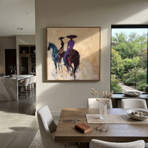 Blue Horses Leave Quietly - rear view horse riders painting by Ethan Mercer, contemporary Western square wall art – styled room scene view 5