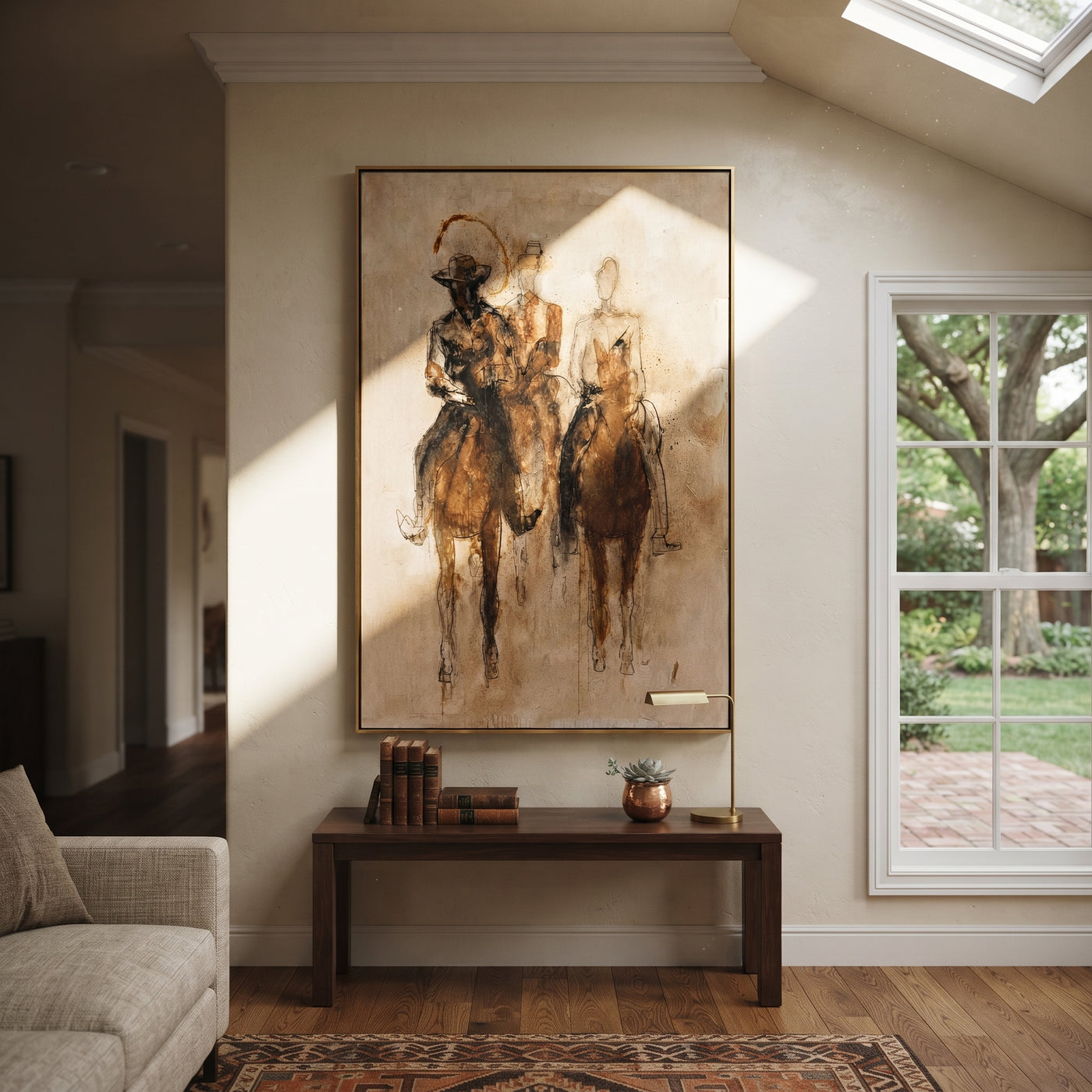 Three Riders Fade Sepia - sepia horse riders painting by Ethan Mercer, contemporary Western vertical wall art – styled room scene view 1