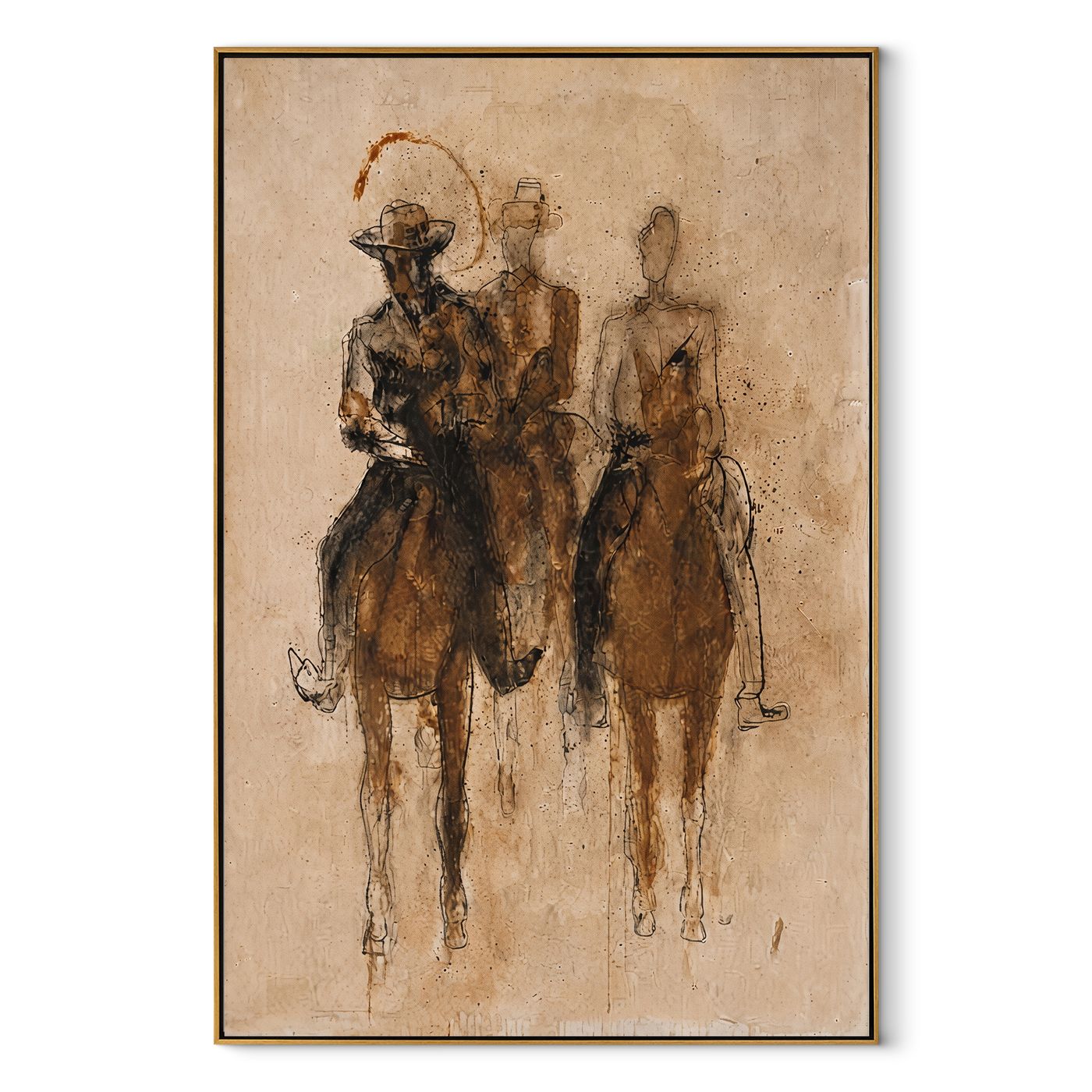 Three Riders Fade Sepia - sepia horse riders painting by Ethan Mercer, contemporary Western vertical wall art – wood frame on white background