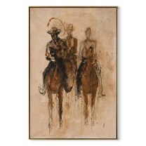 Three Riders Fade Sepia - sepia horse riders painting by Ethan Mercer, contemporary Western vertical wall art – wood frame on white background
