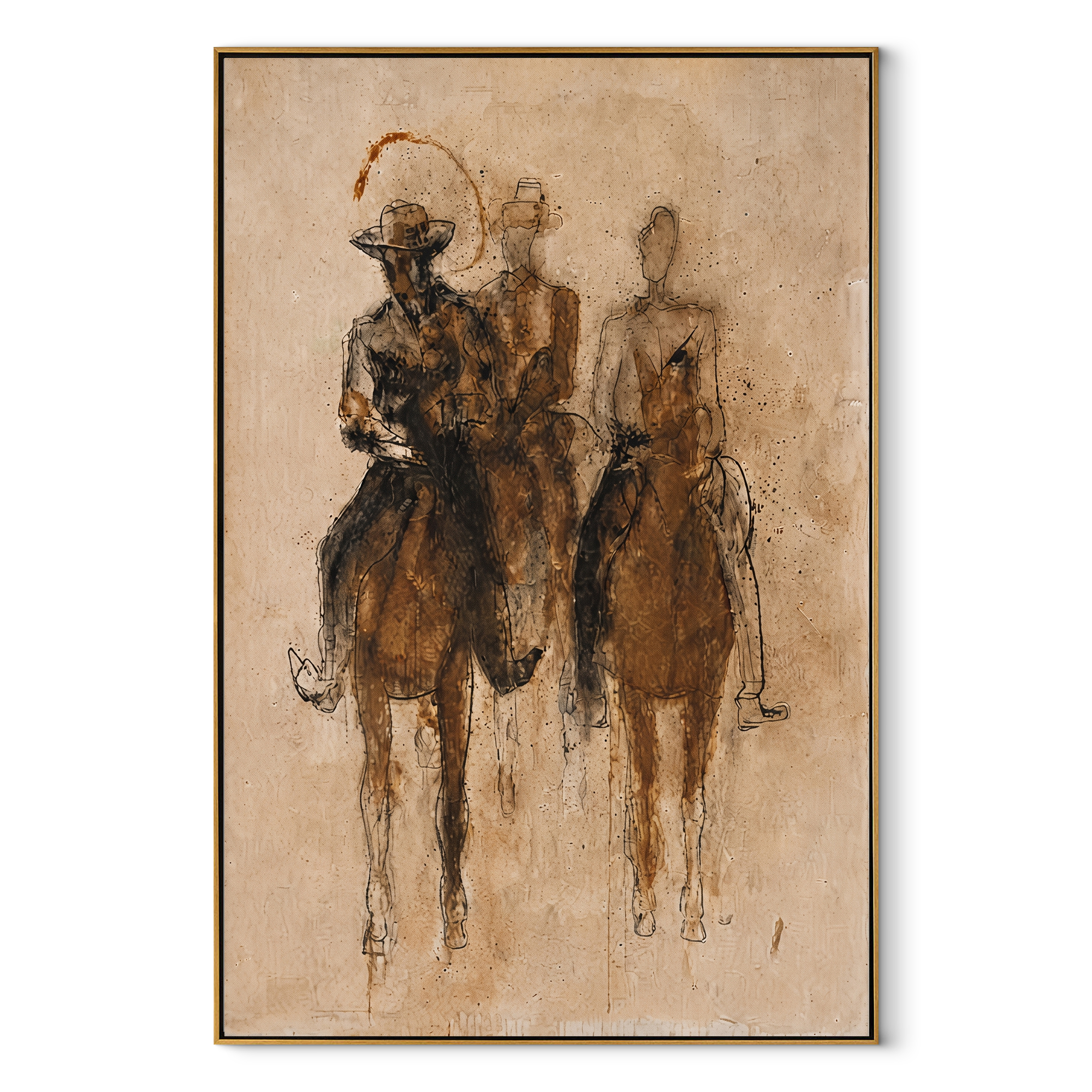 Three Riders Fade Sepia - sepia horse riders painting by Ethan Mercer, contemporary Western vertical wall art – wood frame on white background