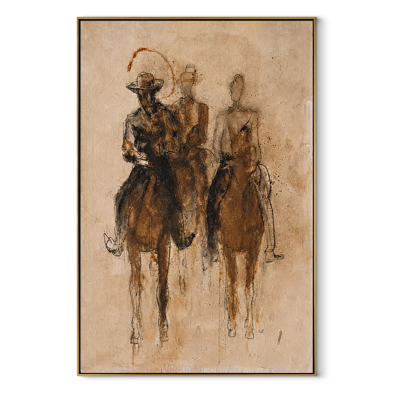 Three Riders Fade Sepia - Sepia Horse Riders Painting | Contemporary Western Vertical Wall Art