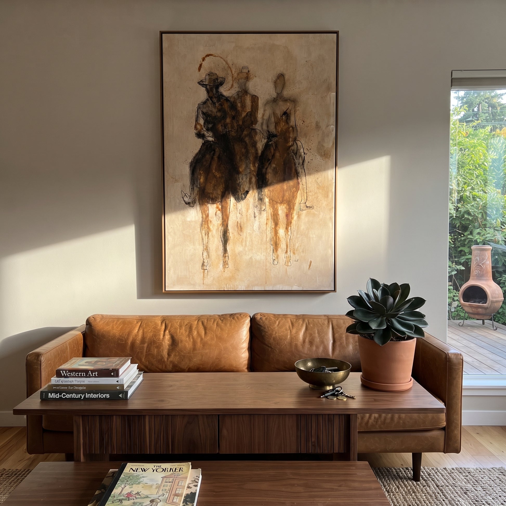 Three Riders Fade Sepia - sepia horse riders painting by Ethan Mercer, contemporary Western vertical wall art – styled room scene view 2