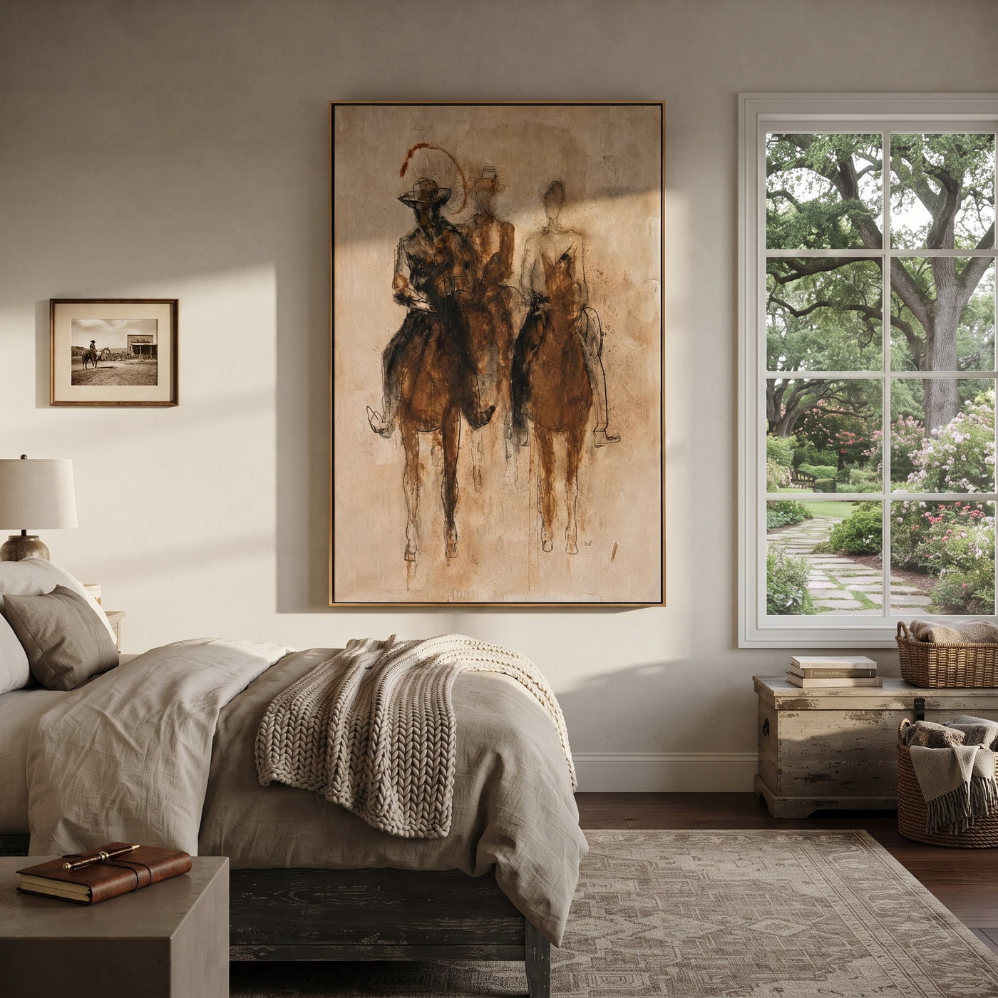 Three Riders Fade Sepia - sepia horse riders painting by Ethan Mercer, contemporary Western vertical wall art – styled room scene view 3