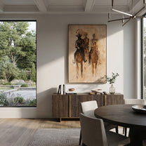 Three Riders Fade Sepia - sepia horse riders painting by Ethan Mercer, contemporary Western vertical wall art – styled room scene view 4