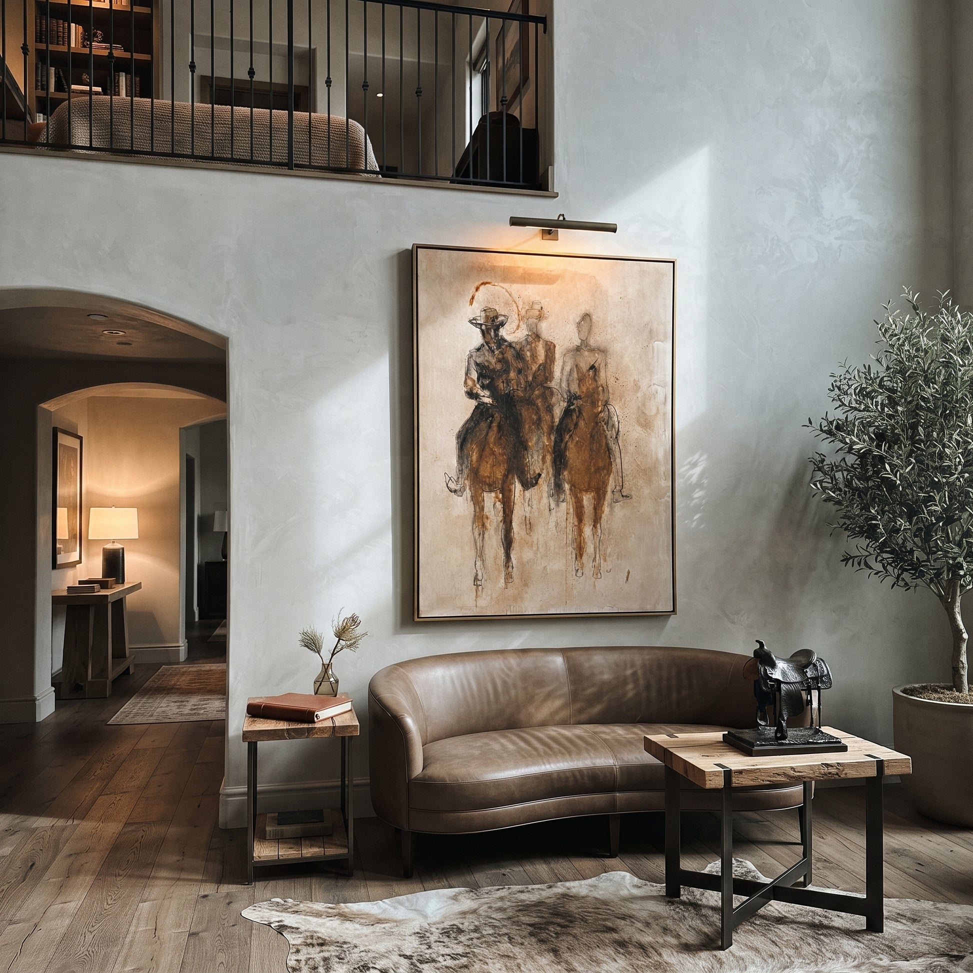 Three Riders Fade Sepia - sepia horse riders painting by Ethan Mercer, contemporary Western vertical wall art – styled room scene view 5