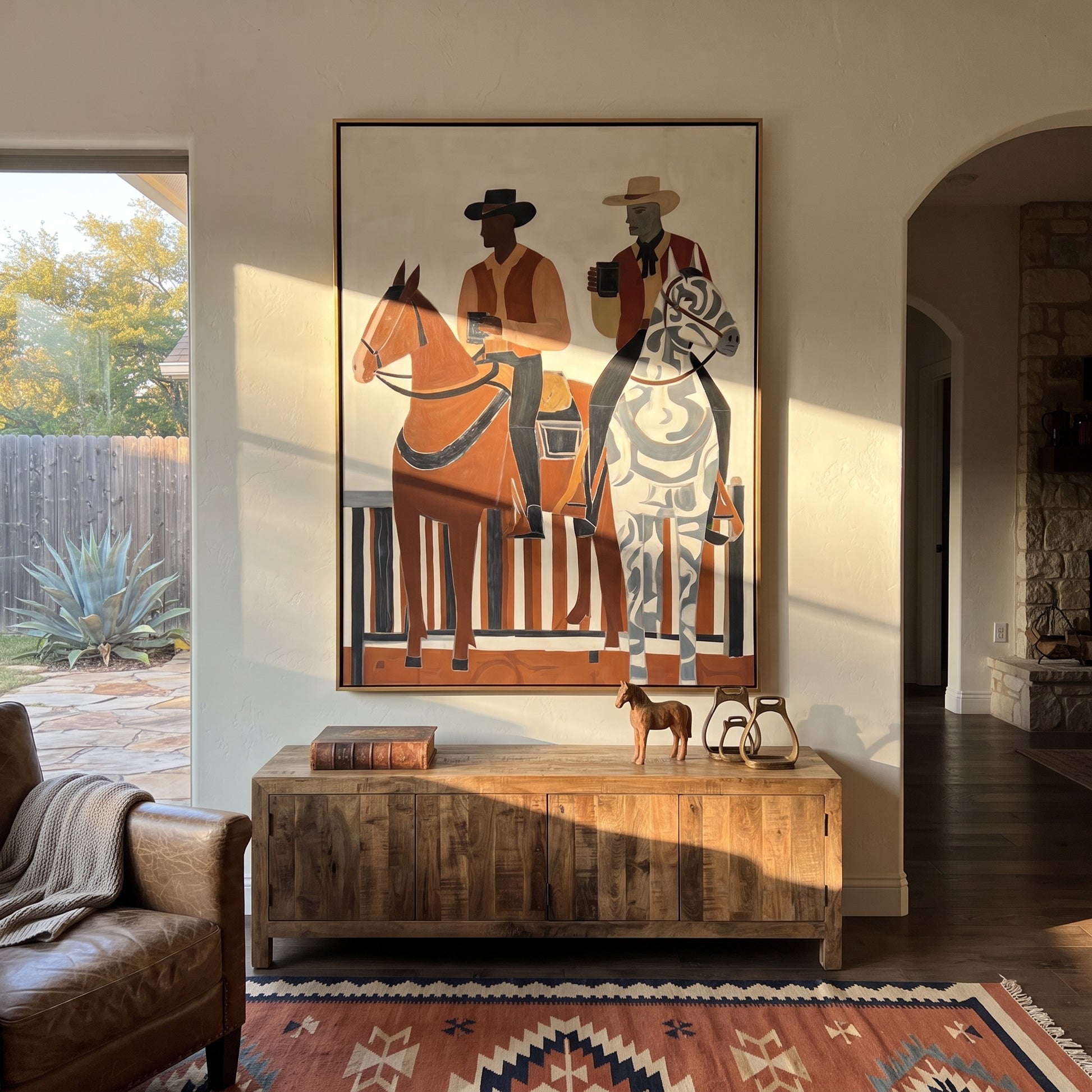 Coffee Rides Beside Stripes - cowboy coffee riders painting by Ethan Mercer, contemporary Western vertical wall art – styled room scene view 1