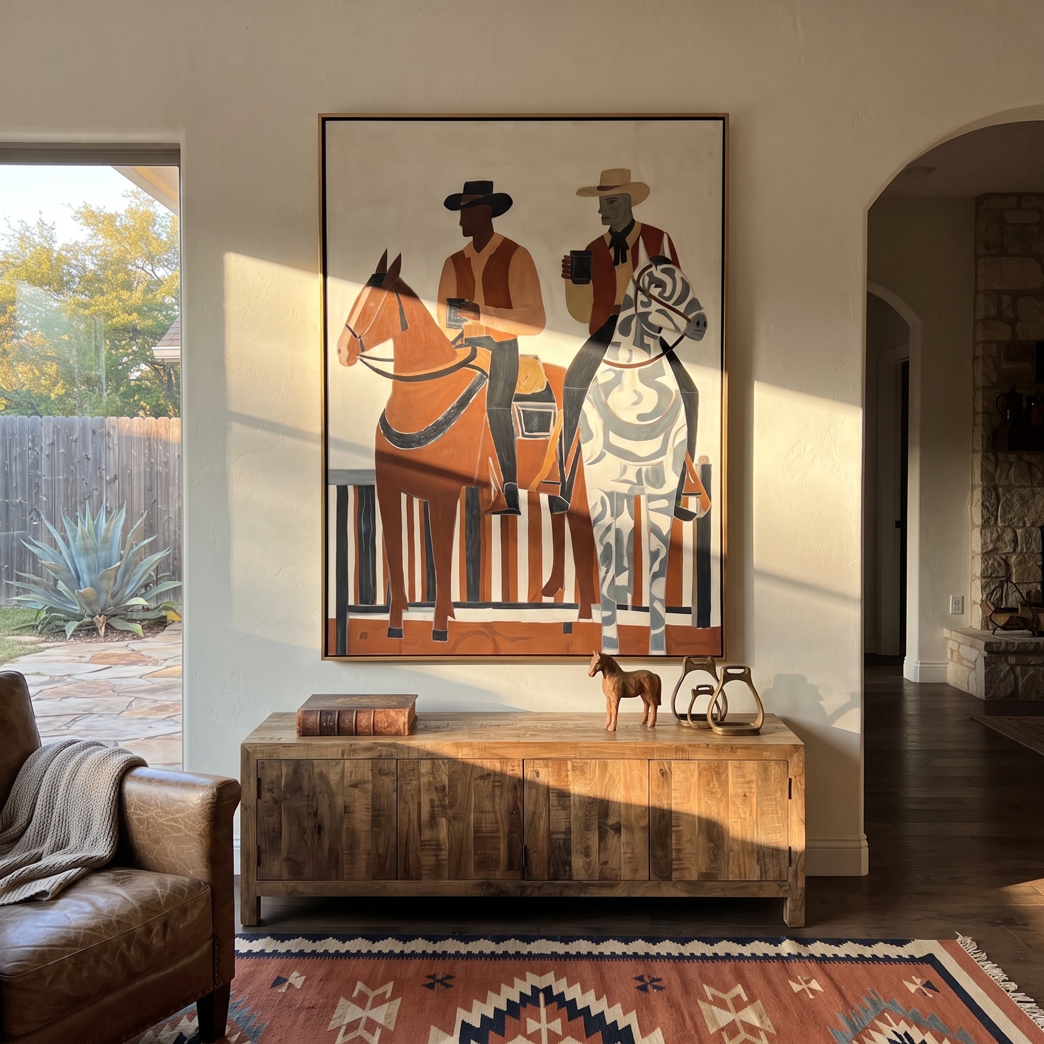Coffee Rides Beside Stripes - cowboy coffee riders painting by Ethan Mercer, contemporary Western vertical wall art – styled room scene view 1