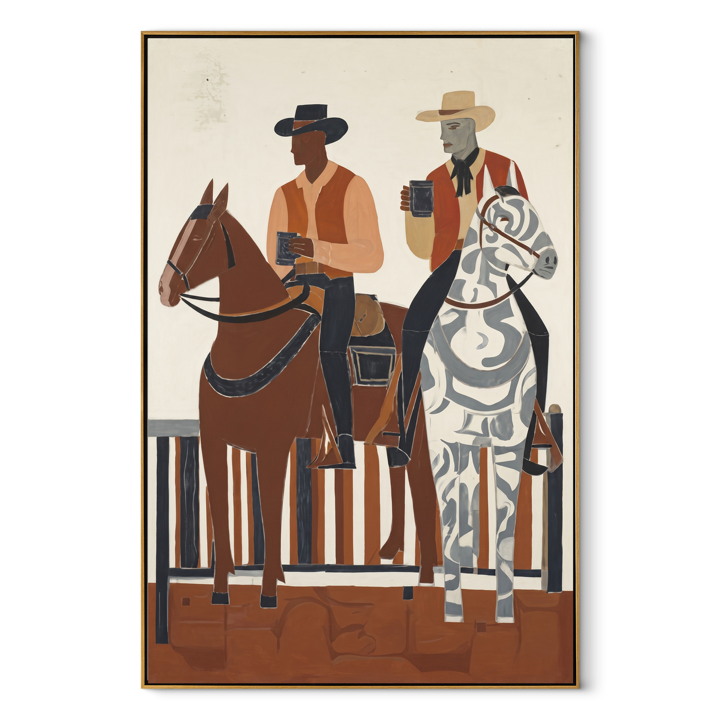 Coffee Rides Beside Stripes - cowboy coffee riders painting by Ethan Mercer, contemporary Western vertical wall art – wood frame on white background