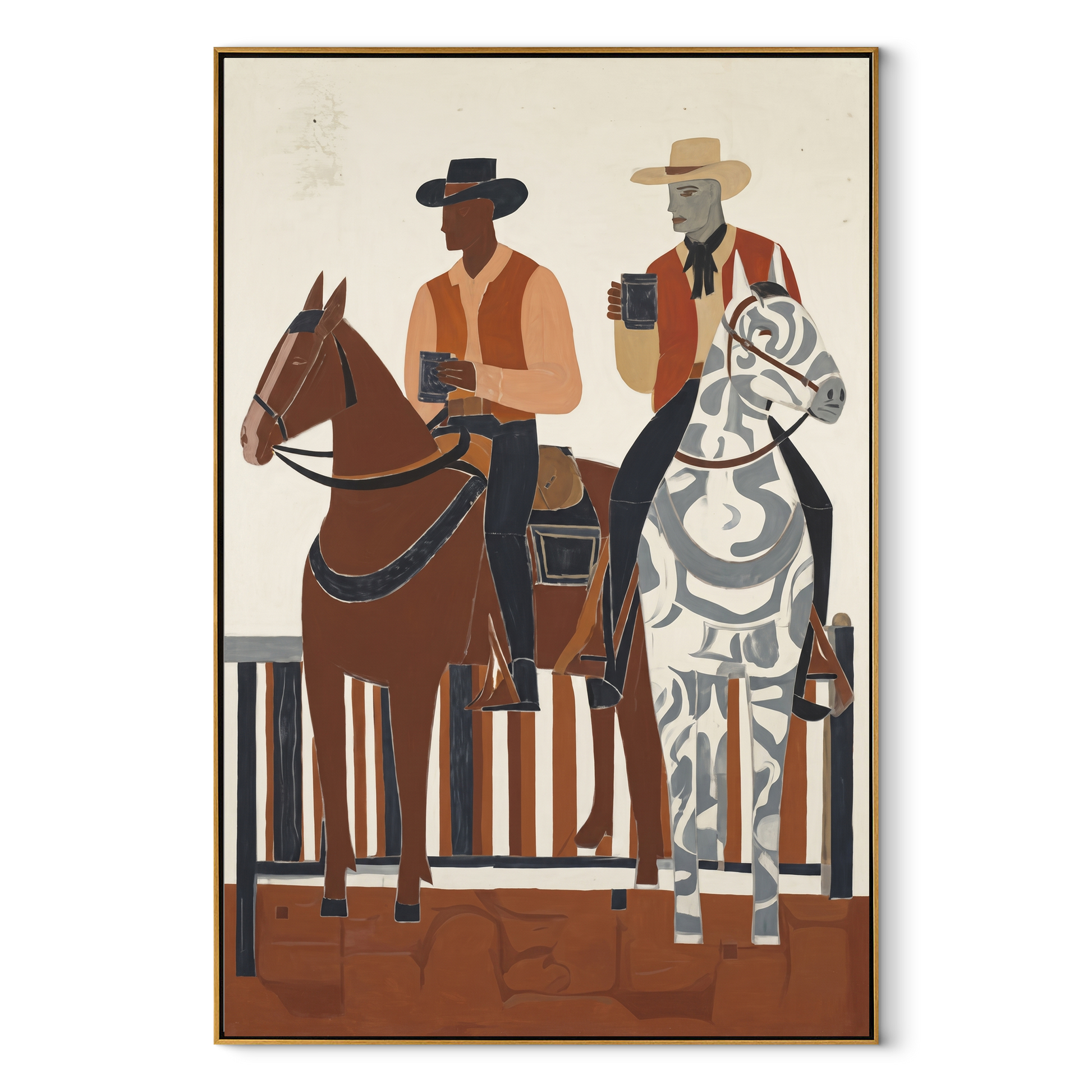 Coffee Rides Beside Stripes - cowboy coffee riders painting by Ethan Mercer, contemporary Western vertical wall art – wood frame on white background
