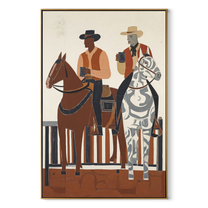 Coffee Rides Beside Stripes - cowboy coffee riders painting by Ethan Mercer, contemporary Western vertical wall art – wood frame on white background