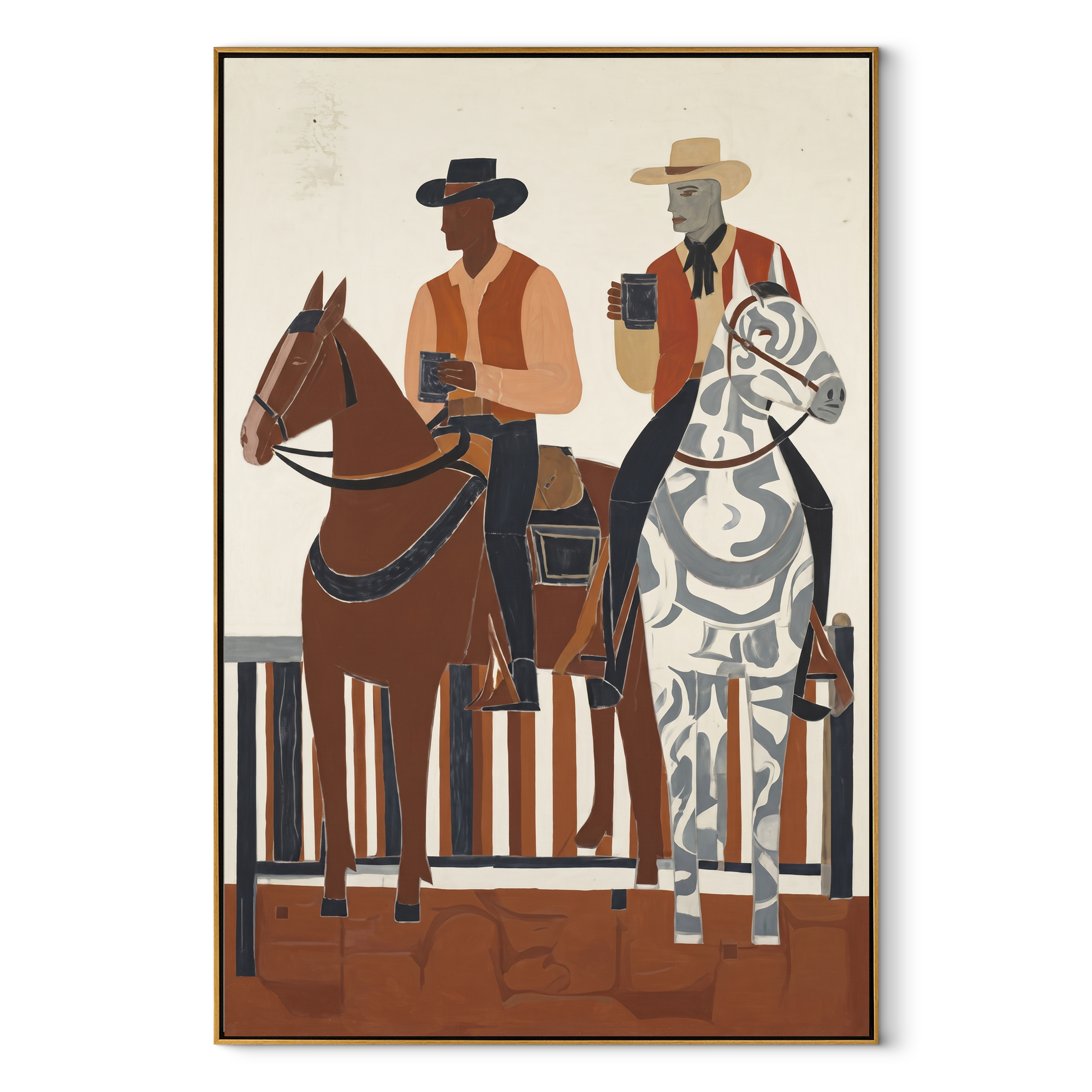 Coffee Rides Beside Stripes - cowboy coffee riders painting by Ethan Mercer, contemporary Western vertical wall art – wood frame on white background