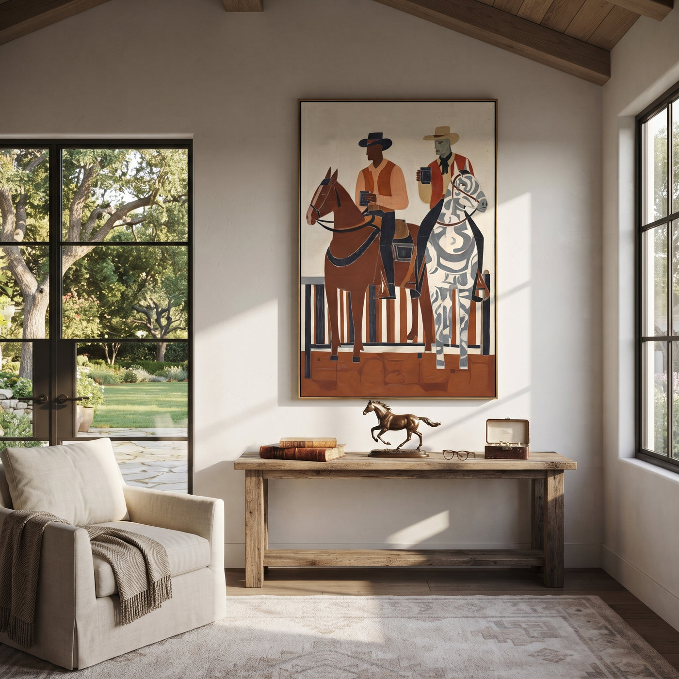 Coffee Rides Beside Stripes - cowboy coffee riders painting by Ethan Mercer, contemporary Western vertical wall art – styled room scene view 2