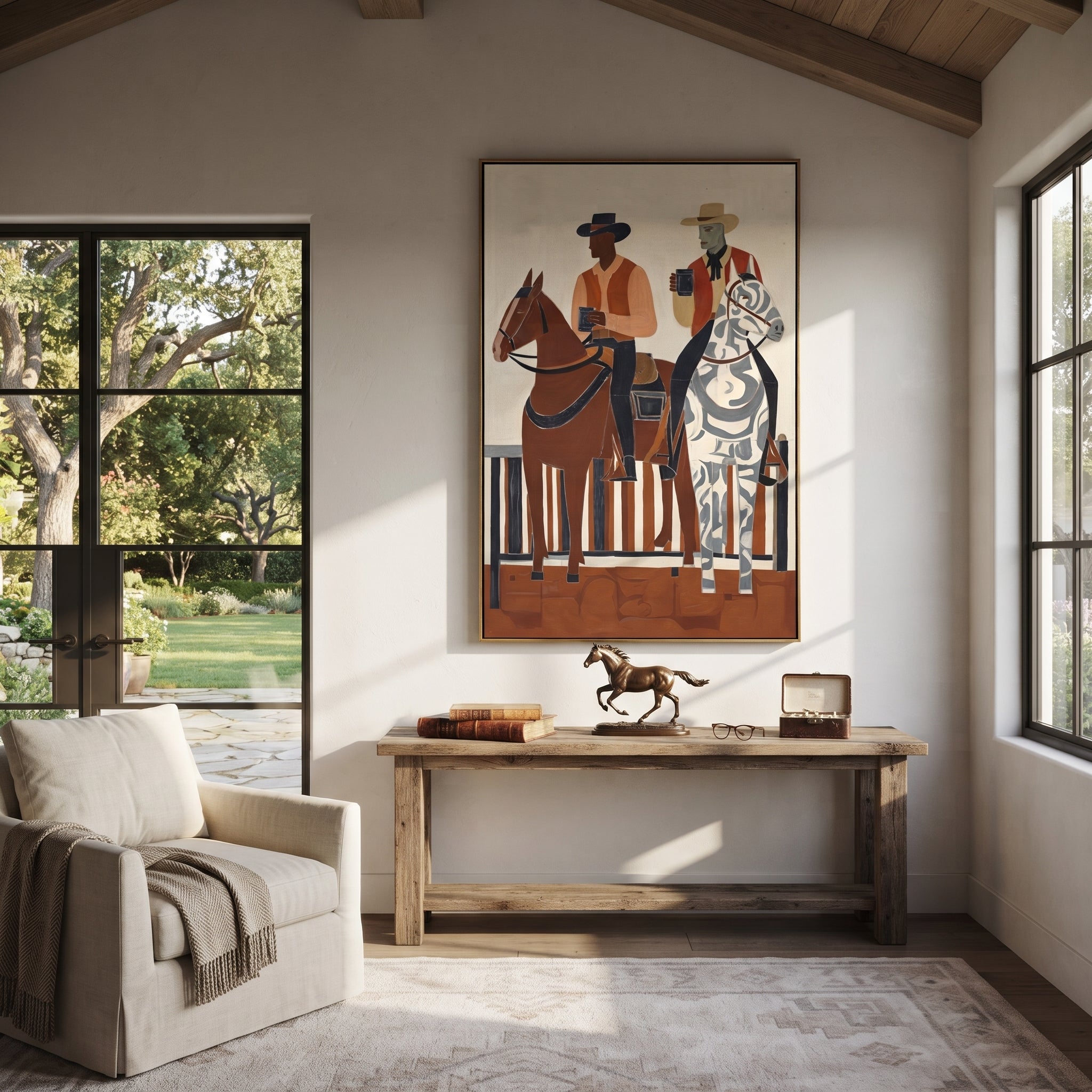 Coffee Rides Beside Stripes - cowboy coffee riders painting by Ethan Mercer, contemporary Western vertical wall art – styled room scene view 2