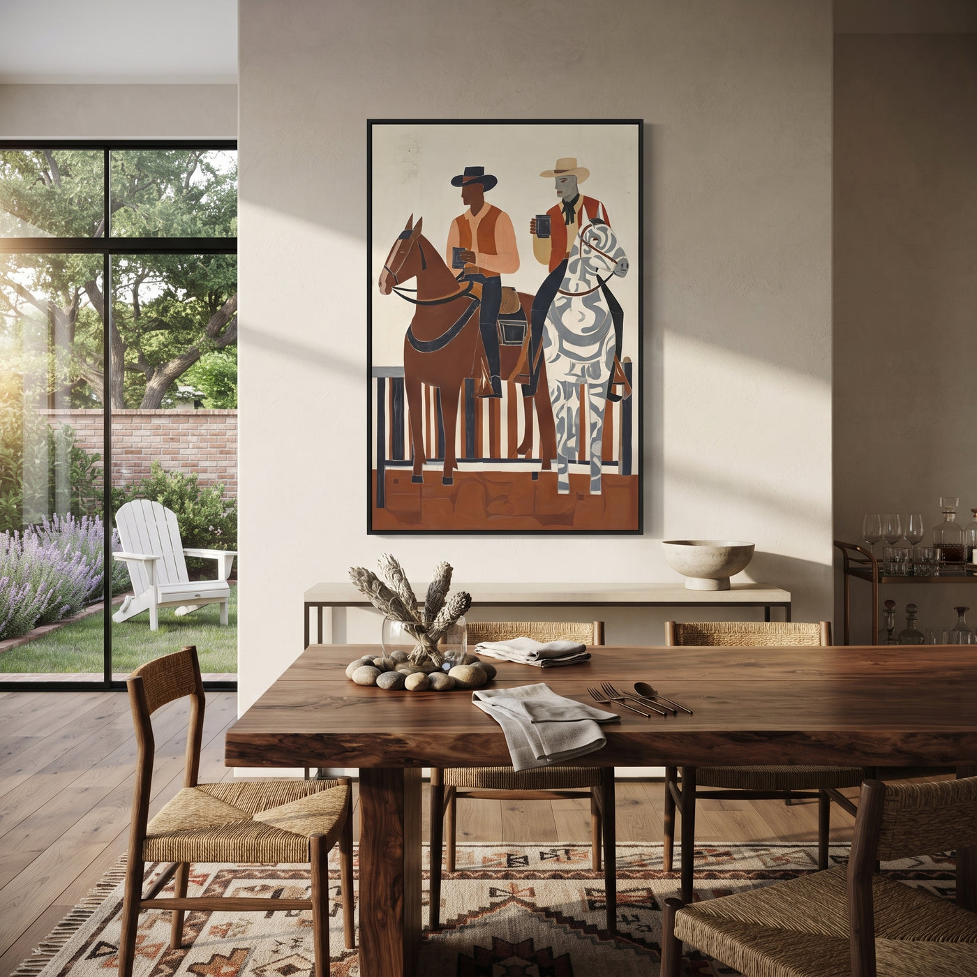 Coffee Rides Beside Stripes - cowboy coffee riders painting by Ethan Mercer, contemporary Western vertical wall art – styled room scene view 3
