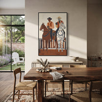Coffee Rides Beside Stripes - cowboy coffee riders painting by Ethan Mercer, contemporary Western vertical wall art – styled room scene view 3