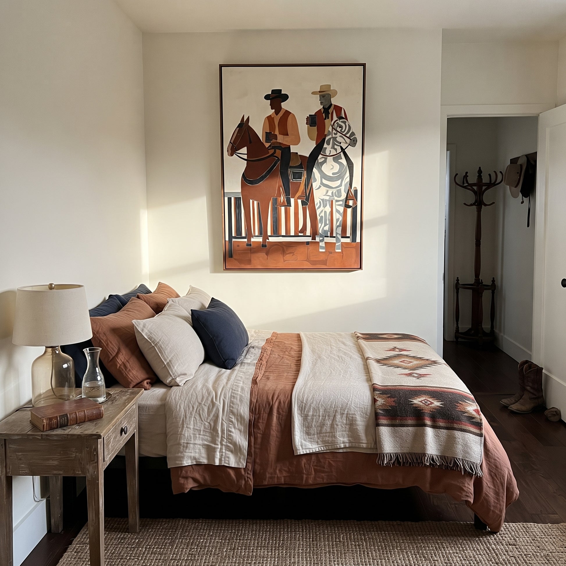 Coffee Rides Beside Stripes - cowboy coffee riders painting by Ethan Mercer, contemporary Western vertical wall art – styled room scene view 4