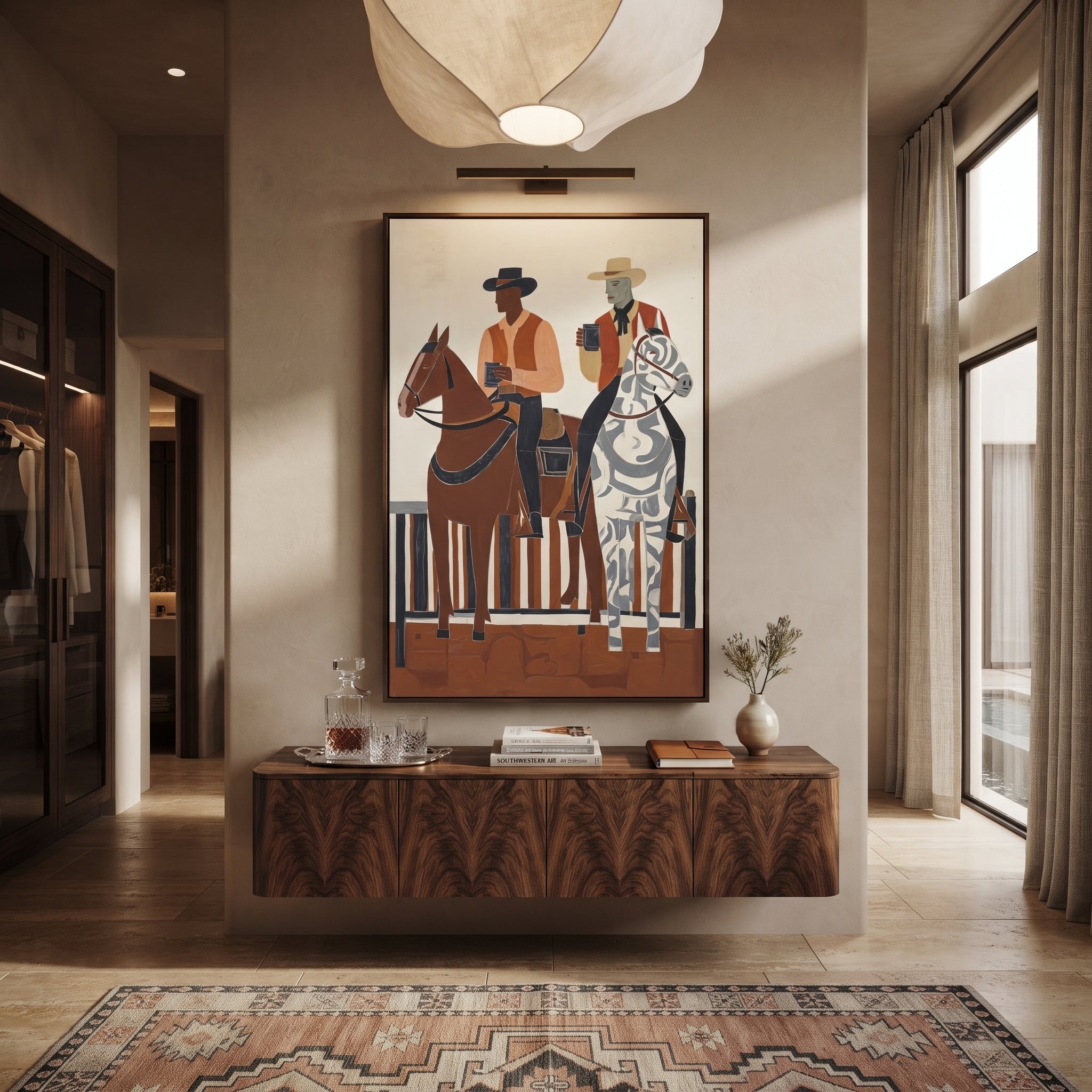 Coffee Rides Beside Stripes - cowboy coffee riders painting by Ethan Mercer, contemporary Western vertical wall art – styled room scene view 5