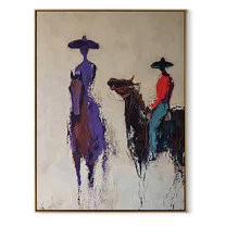 Purple Figure Meets Riders - abstract western riders painting by Ethan Mercer, contemporary Western vertical wall art – wood frame on white background