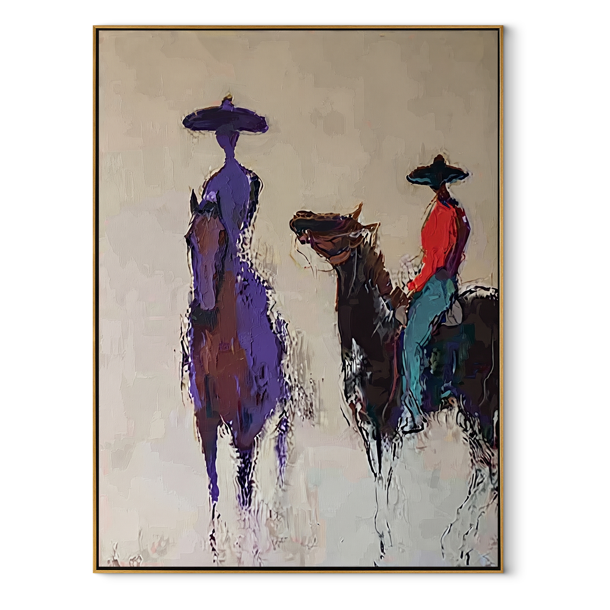 Purple Figure Meets Riders - abstract western riders painting by Ethan Mercer, contemporary Western vertical wall art – wood frame on white background