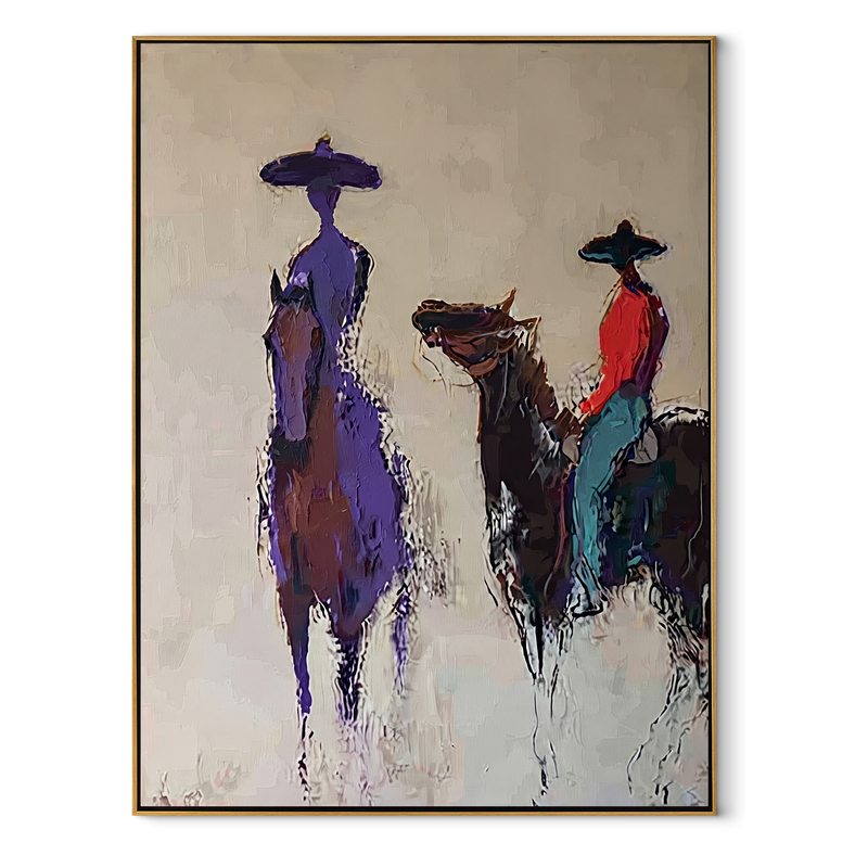 Purple Figure Meets Riders - Abstract Western Riders Painting | Contemporary Western Vertical Wall Art