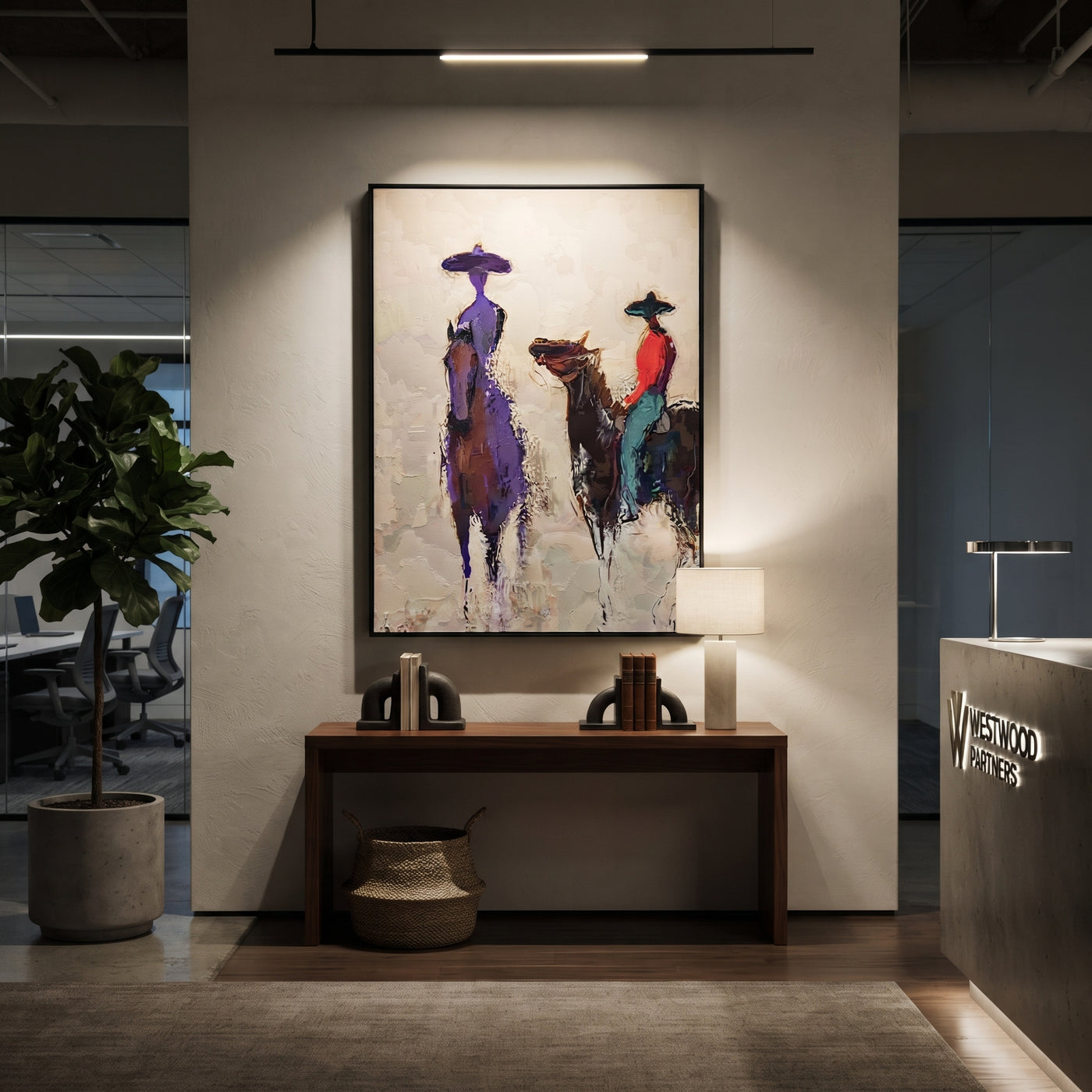 Purple Figure Meets Riders - abstract western riders painting by Ethan Mercer, contemporary Western vertical wall art – styled room scene view 2
