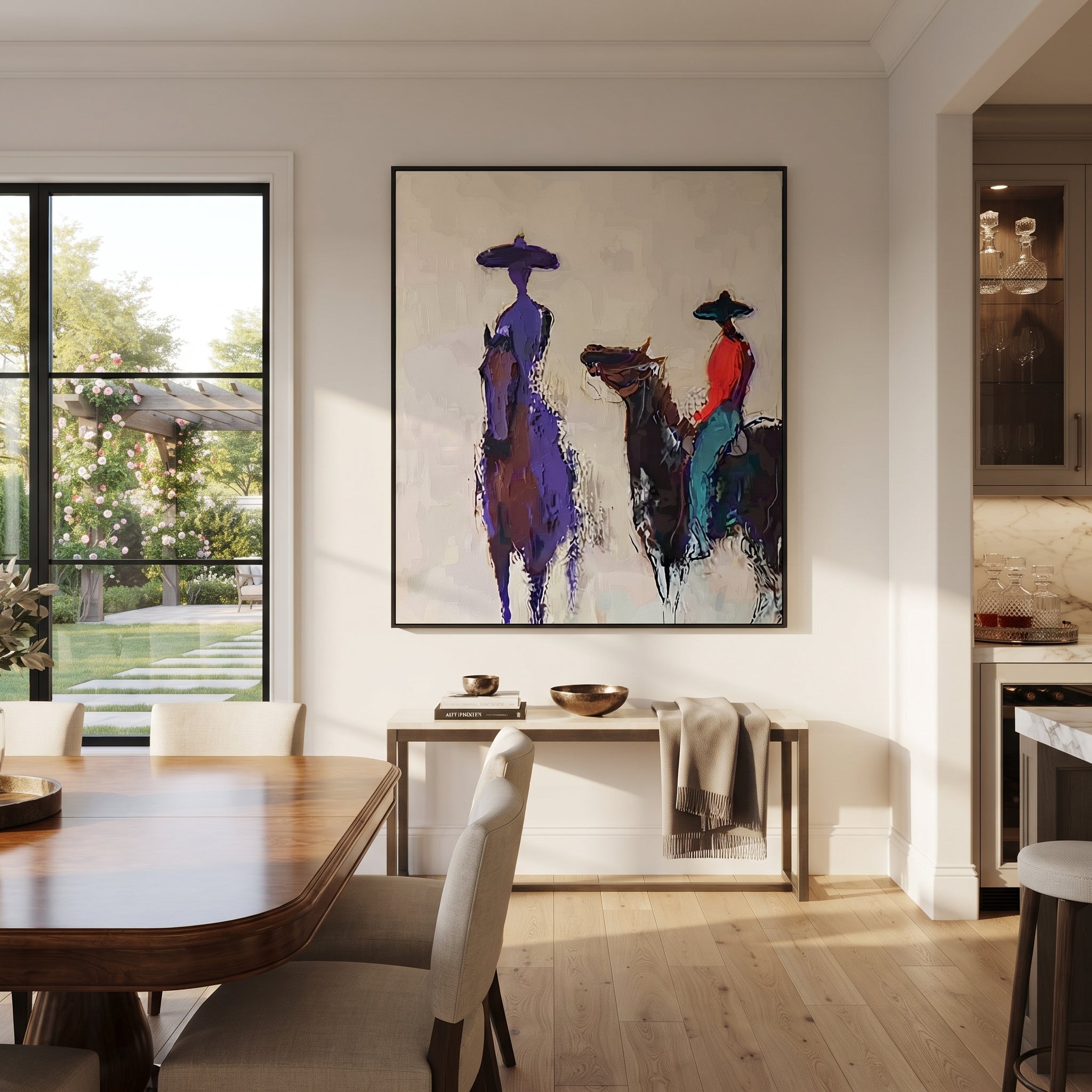 Purple Figure Meets Riders - abstract western riders painting by Ethan Mercer, contemporary Western vertical wall art – styled room scene view 4