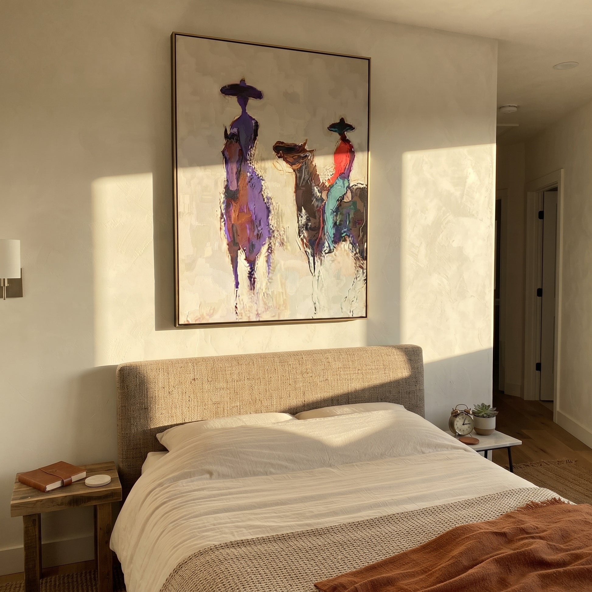 Purple Figure Meets Riders - abstract western riders painting by Ethan Mercer, contemporary Western vertical wall art – styled room scene view 5