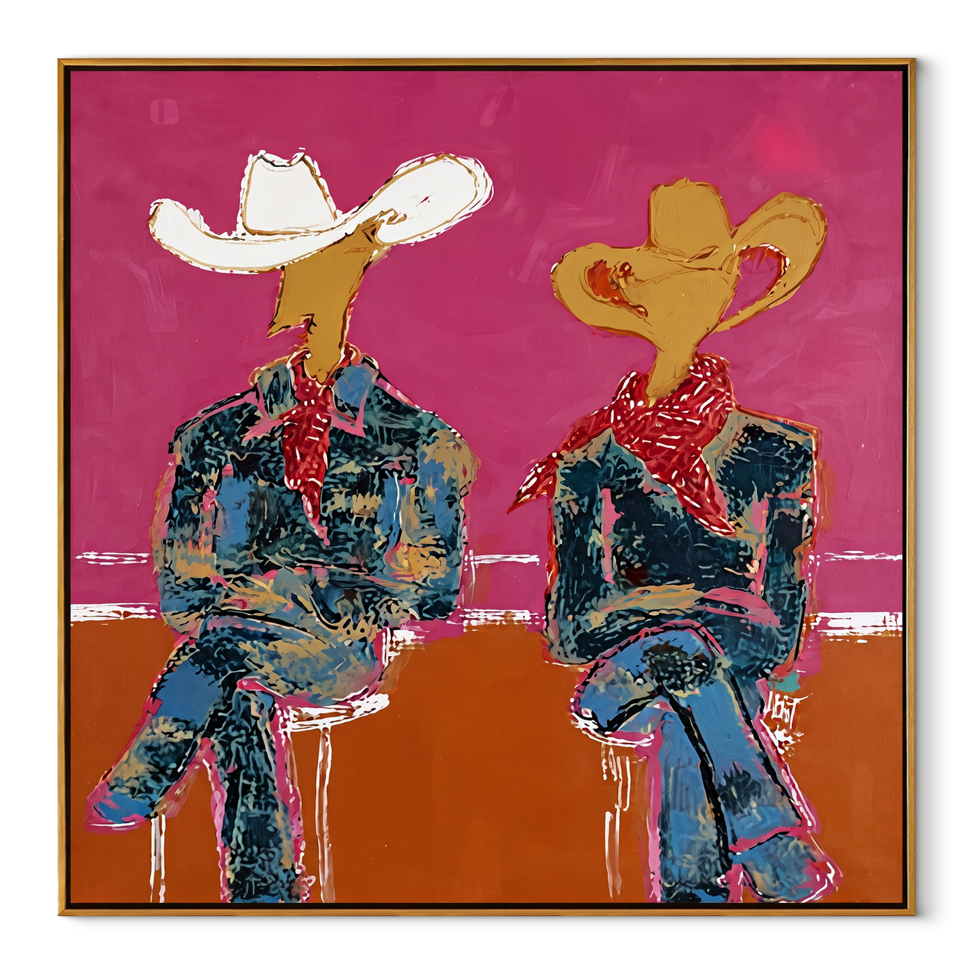 Neon Cowboys Share Silence - neon seated cowboys painting by Ethan Mercer, contemporary Western square wall art – wood frame on white background
