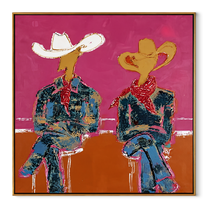 Neon Cowboys Share Silence - neon seated cowboys painting by Ethan Mercer, contemporary Western square wall art – wood frame on white background