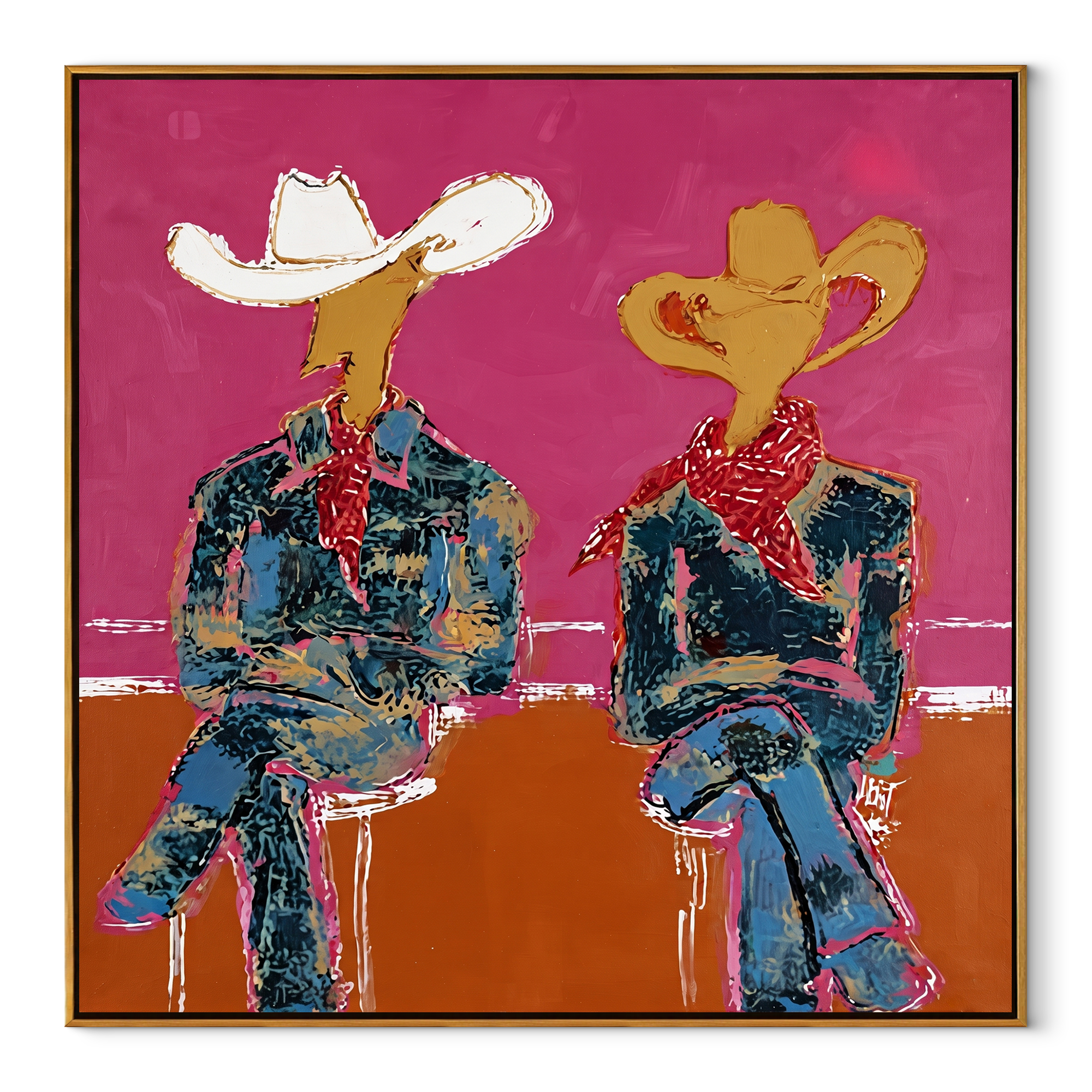 Neon Cowboys Share Silence - neon seated cowboys painting by Ethan Mercer, contemporary Western square wall art – wood frame on white background