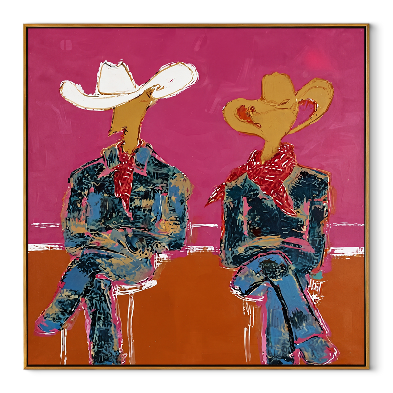 Neon Cowboys Share Silence - Neon Seated Cowboys Painting | Contemporary Western Square Wall Art