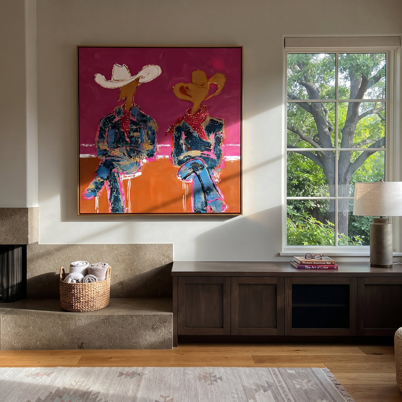 Neon Cowboys Share Silence - neon seated cowboys painting by Ethan Mercer, contemporary Western square wall art – styled room scene view 2