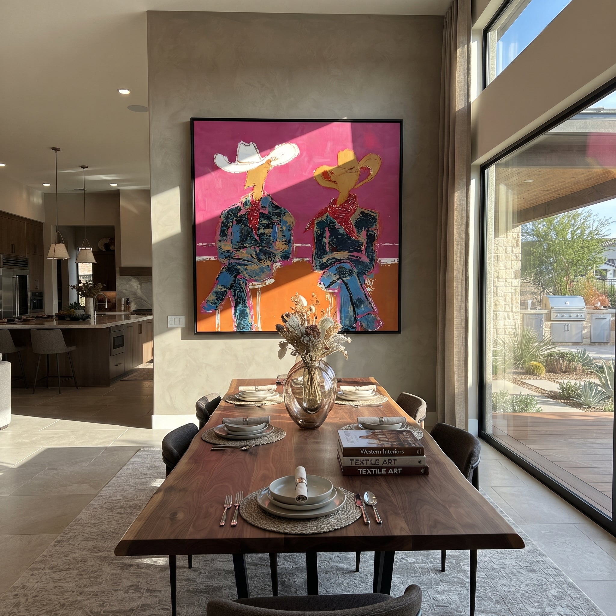 Neon Cowboys Share Silence - neon seated cowboys painting by Ethan Mercer, contemporary Western square wall art – styled room scene view 3