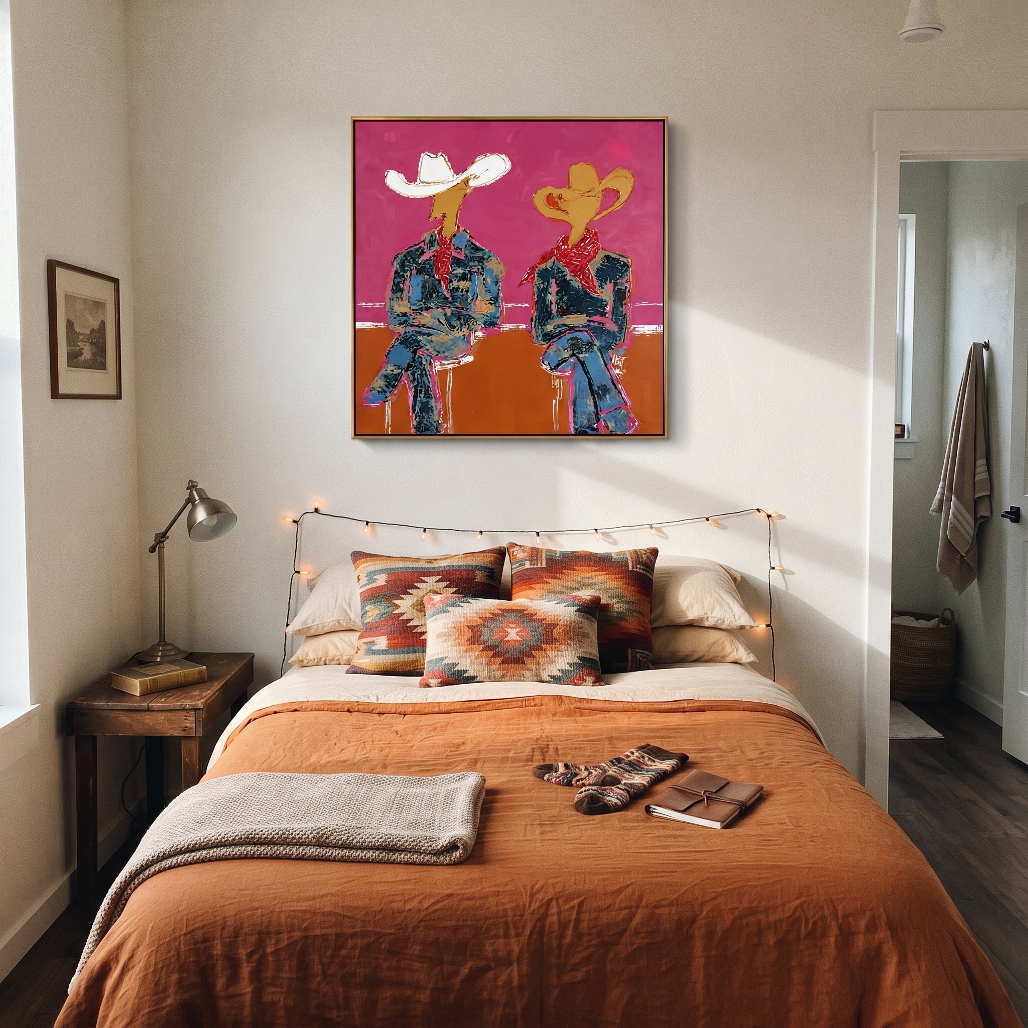 Neon Cowboys Share Silence - neon seated cowboys painting by Ethan Mercer, contemporary Western square wall art – styled room scene view 4