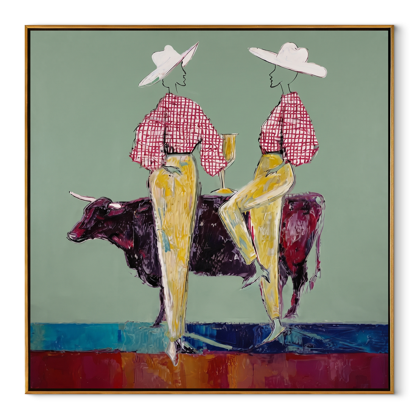 Gold Trousers Frame Bull - bull cowgirl pair painting by Ethan Mercer, contemporary Western square wall art – wood frame on white background