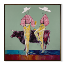 Gold Trousers Frame Bull - bull cowgirl pair painting by Ethan Mercer, contemporary Western square wall art – wood frame on white background