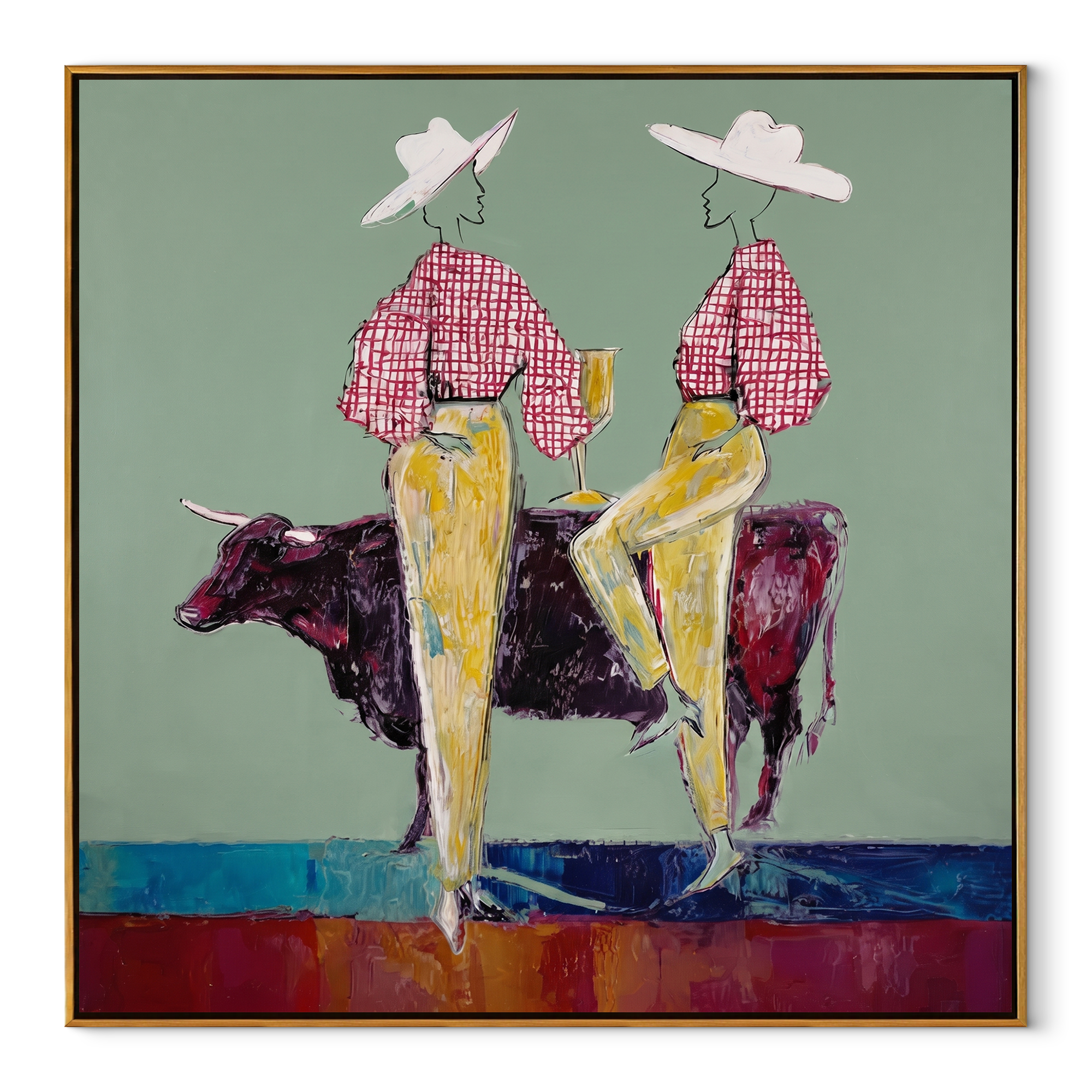 Gold Trousers Frame Bull - bull cowgirl pair painting by Ethan Mercer, contemporary Western square wall art – wood frame on white background