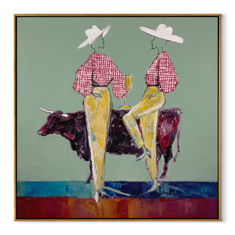 Gold Trousers Frame Bull - Bull Cowgirl Pair Painting | Contemporary Western Square Wall Art