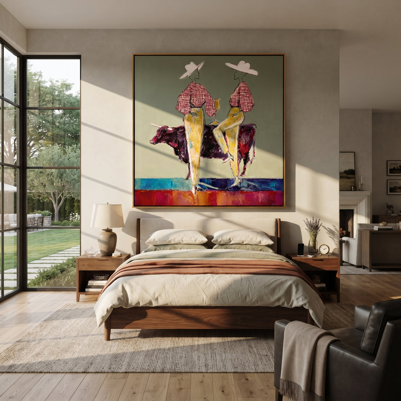 Gold Trousers Frame Bull - bull cowgirl pair painting by Ethan Mercer, contemporary Western square wall art – styled room scene view 2