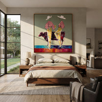 Gold Trousers Frame Bull - bull cowgirl pair painting by Ethan Mercer, contemporary Western square wall art – styled room scene view 2