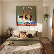 Gold Trousers Frame Bull - bull cowgirl pair painting by Ethan Mercer, contemporary Western square wall art – styled room scene view 4