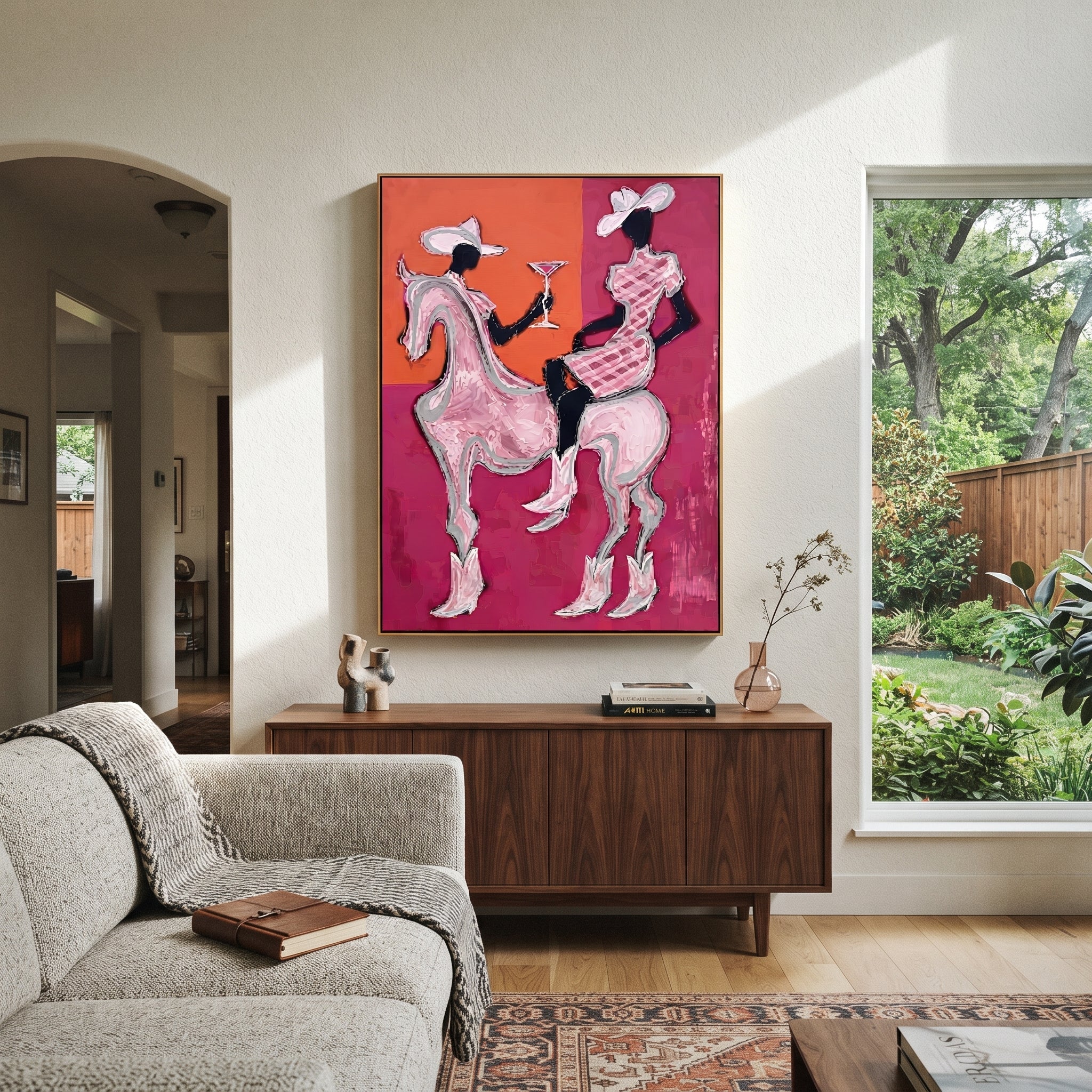 Pink Riders Exchange Toast - pink horse cowgirls painting by Ethan Mercer, contemporary Western vertical wall art – styled room scene view 1