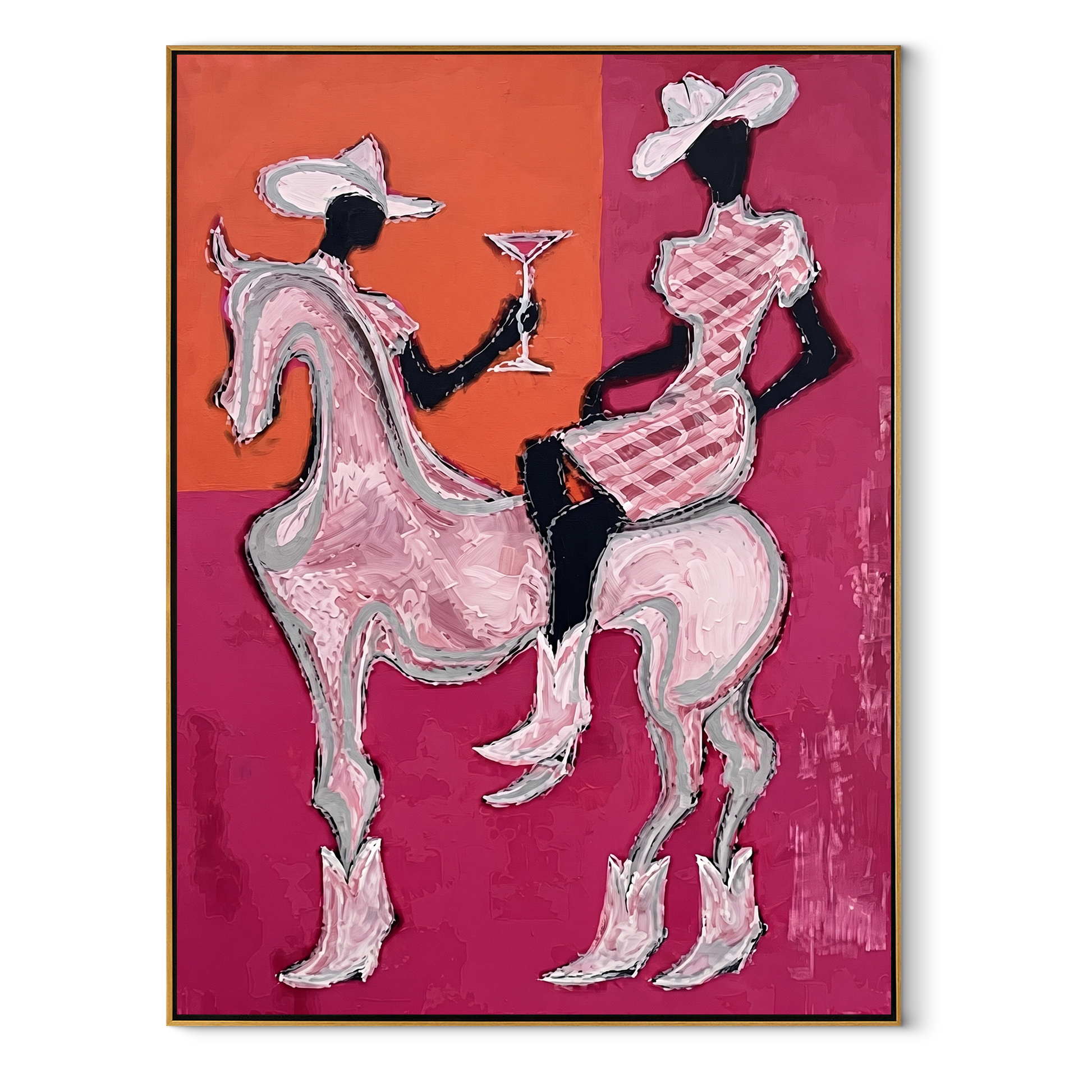 Pink Riders Exchange Toast - pink horse cowgirls painting by Ethan Mercer, contemporary Western vertical wall art – wood frame on white background