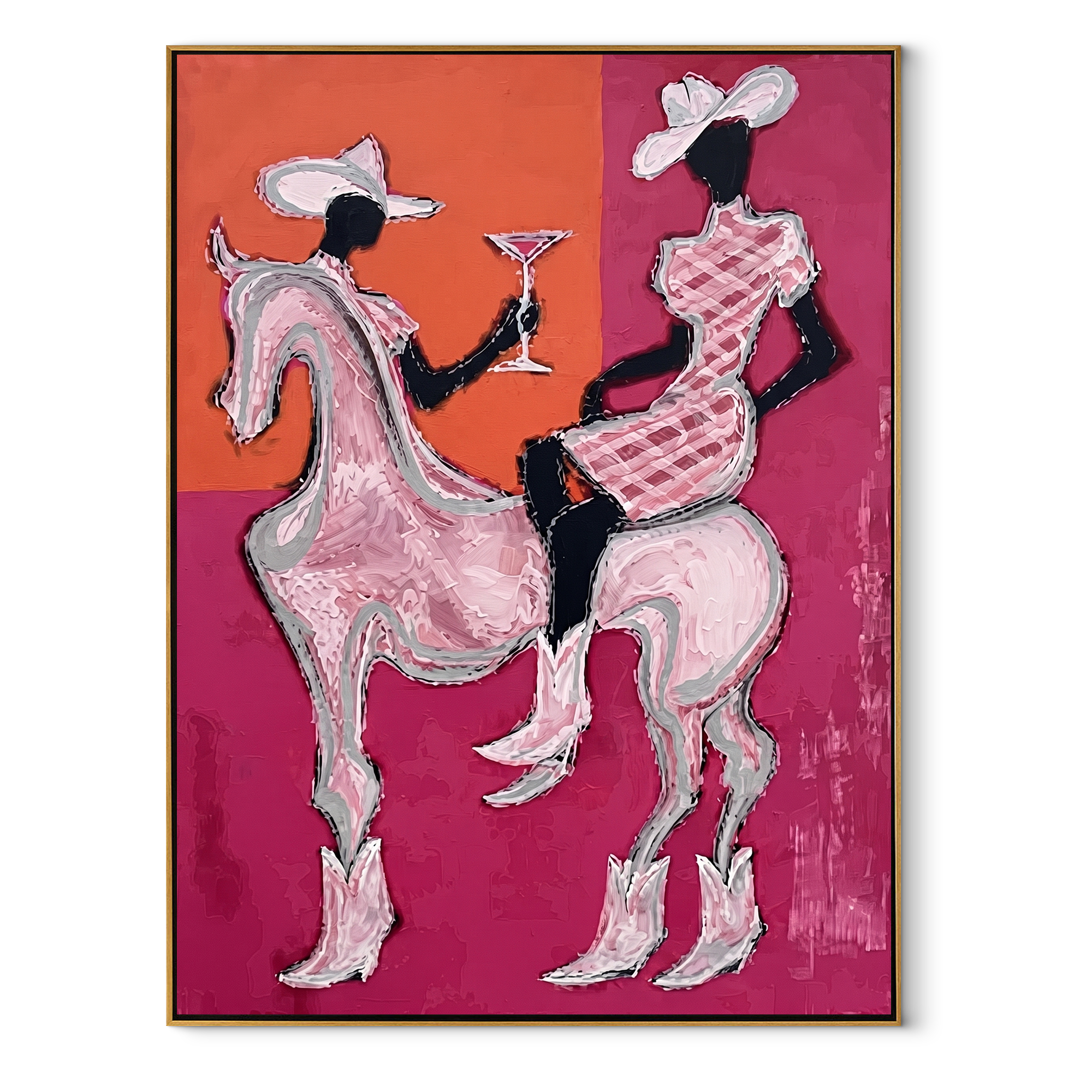 Pink Riders Exchange Toast - pink horse cowgirls painting by Ethan Mercer, contemporary Western vertical wall art – wood frame on white background