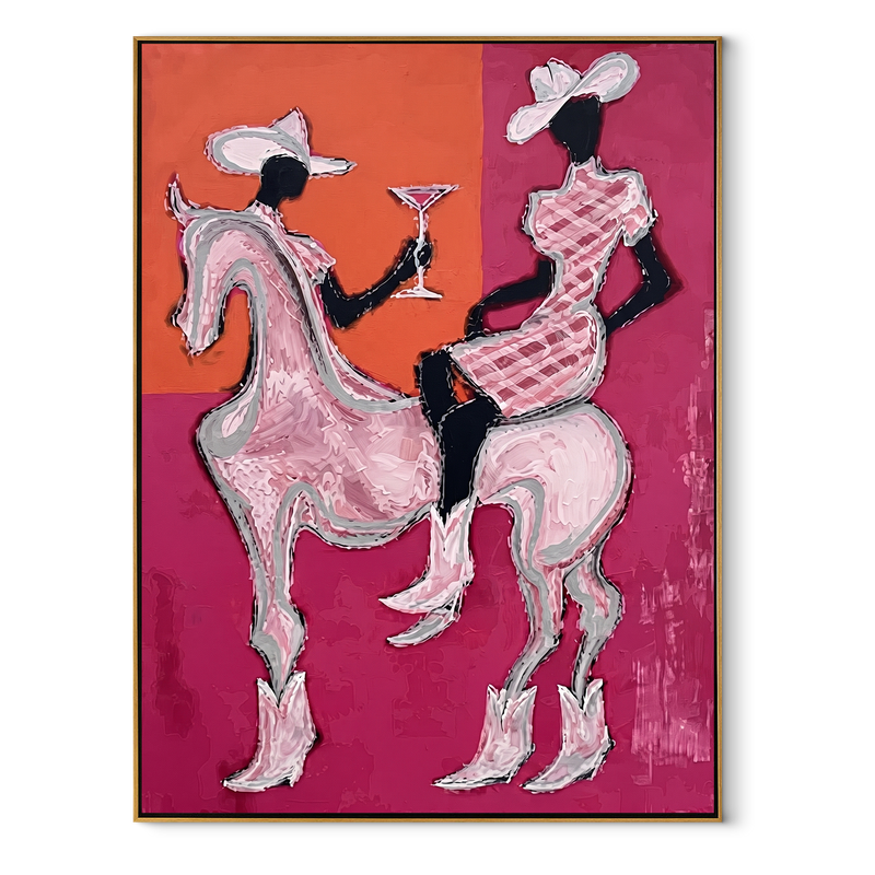 Pink Riders Exchange Toast - Pink Horse Cowgirls Painting | Contemporary Western Vertical Wall Art