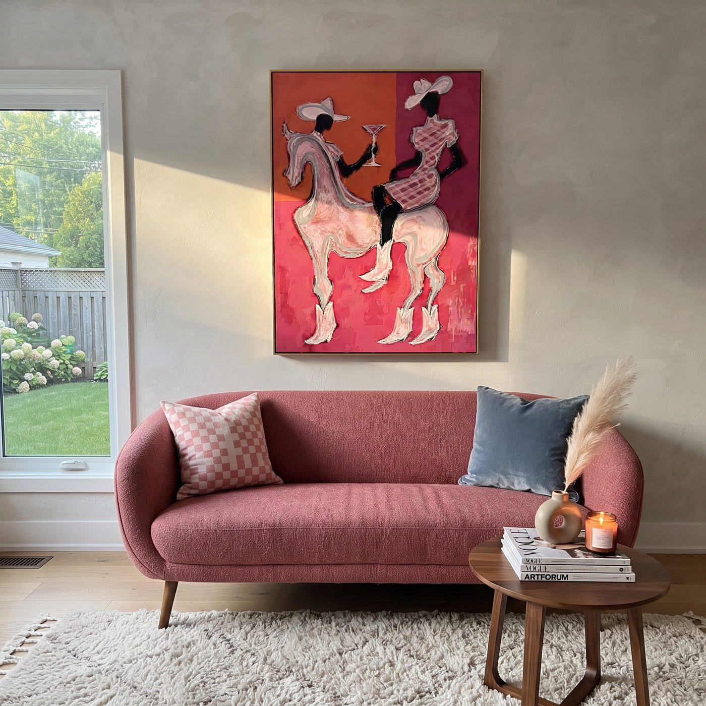 Pink Riders Exchange Toast - pink horse cowgirls painting by Ethan Mercer, contemporary Western vertical wall art – styled room scene view 2