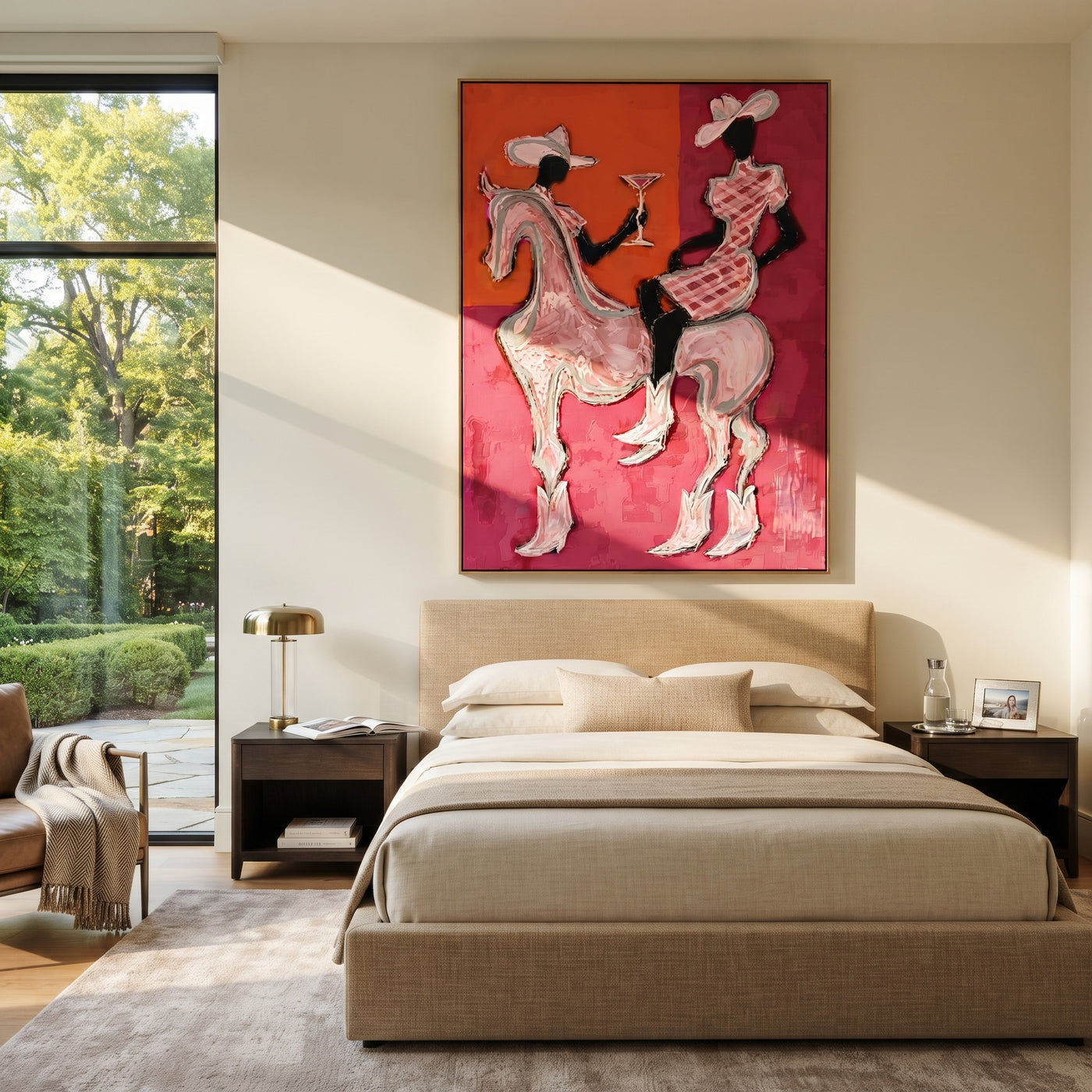 Pink Riders Exchange Toast - pink horse cowgirls painting by Ethan Mercer, contemporary Western vertical wall art – styled room scene view 3